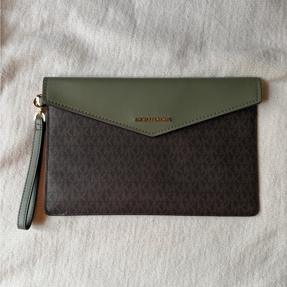 Michael Kors Olive & Brown Signature Envelope Wristlet